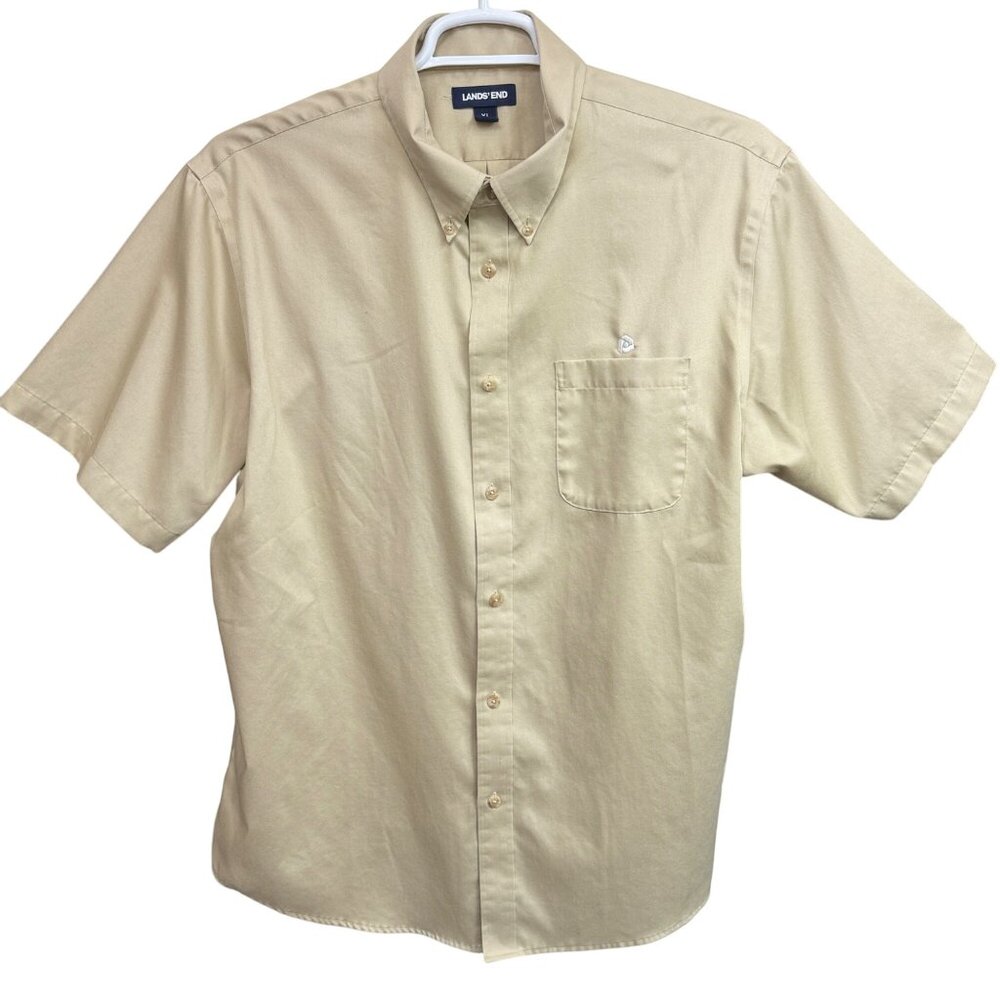 Lands End Short Sleeve Button-Down Shirt Mens XL Beige Cotton Casual